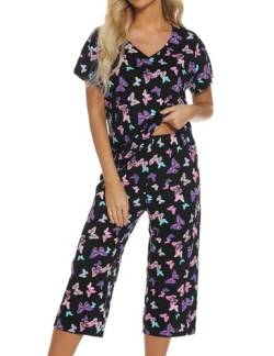 ENJOYNIGHT Schlafanzug Damen Kurz Pyjama Set Baumwolle Nachtwäsche Kurzarm-Top und 3/4 Lange Hose Hausanzug Sommer Sleepwear (Large,Schwarzer Falter) von ENJOYNIGHT