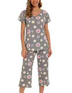 ENJOYNIGHT Schlafanzug Damen Kurz Pyjama Set Baumwolle Nachtwäsche Kurzarm-Top und 3/4 Lange Hose Hausanzug Sommer Sleepwear (X-Large,Graue Blume) von ENJOYNIGHT