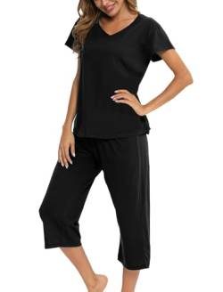 ENJOYNIGHT Schlafanzug Damen Kurz Pyjama Set Kurzarm Top mit 3/4 Lang Schlafhose Zweiteiliger Nachtwäsche S-3XL (3X-Large,Einfarbig-Schwarz) von ENJOYNIGHT