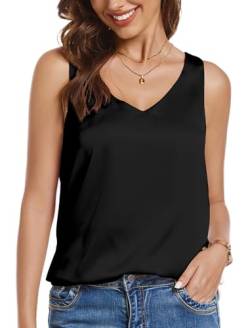 ENJOYNIGHT Tank Top Damen Sommer Satin Oberteile Ärmellose Blusentop V-Ausschnitt Cami Bluse Shirt (Large,Schwarz) von ENJOYNIGHT