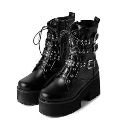 ENWIND Damen Winter Gothic Punk Plattform Stiefel Goth Schnalle Stiefeletten Reißverschluss Kurzschaft Stiefel,Schwarz,41 EU von ENWIND