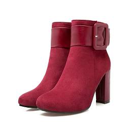 ENWIND Frauen runde Zehen -Knöchelstiefel klobige Ferse Reißverschluss Kampfstiefel Gürtelschnalle Winter warme Stiefel,Rot,34 EU von ENWIND