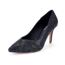 ERIJUNOR E2406 Damen-Pumps mit mittelhohem Absatz, glitzernde Strasssteine, Netzstoff, Abendschuhe, Abschlussball, Hochzeitsschuhe, Schwarz, 37 EU von ERIJUNOR