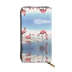 ESASAM Lange Clutch-Geldbörse aus Leder mit laufendem Schäferhund, hochwertiges Kunstleder und hochwertiger Metall-Reißverschluss, langlebig., Flock of Pink Flamingos on the Beach, Einheitsgröße von ESASAM
