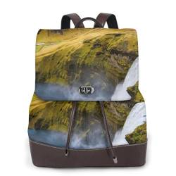 Damen-Rucksack mit Bergwasserfall-Druck, wasserdicht, diebstahlsicher, leicht, PU-Leder, Nylon, Schule, Schultertasche, Reiserucksack, Schwarz , Einheitsgröße von ESNAIUVCD