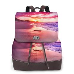 Schöner Strand-Rucksack mit Sonnenuntergang-Druck, wasserdicht, Diebstahlschutz, leicht, PU-Leder, Nylon, Schultasche, Schultertasche, Reiserucksack, Schwarz , Einheitsgröße von ESNAIUVCD