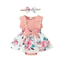 ESSECMBS Baby Mädchen Sommer 2 Stück Strampler Kleid Anzug Spitze Rüschenärmel All-in-One Blumendruck Body Kleid mit Stirnband Neugeborenes Strampelanzug (Rosa 2, 3-6 Monate) von ESSECMBS