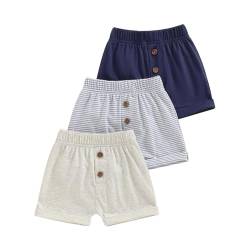 ESSECMBS Kleinkind Baby Junge Täglich DREI Pack Baumwoll Shorts Einfarbig Elastisch Tailliert Jogginghose Kurze Hosen Kordelzug Jogginghose Sommer Shorts (Blau Grau Beige, 0_month-6_months) von ESSECMBS