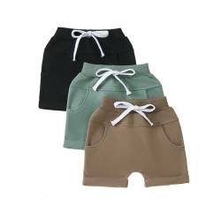 ESSECMBS Kleinkind Baby Junge Täglich Drei Pack Baumwoll Shorts Einfarbig Elastisch Tailliert Jogginghose Kurze Hosen Kordelzug Jogginghose Sommer Shorts (Schwarz Grün Kaffee, 6-12 Months) von ESSECMBS