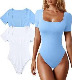 EUDOLAH Damen 2er-Pack Bodysuit Tops Unterziehbody Kurzarmbody Eckiger Ausschnitt Overalls Elegant Damenbody Jumpsuit M Blau/Weiß von EUDOLAH