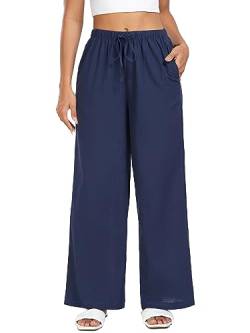 EVELIFE Damen-Freizeithose, Baumwoll-Leinenhose, locker, einfarbig, Strandhose, elastisch, hohe Taille, weites Bein, Hose mit Taschen, blau, XXL von EVELIFE