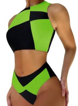 Damen Colorblock Shego Kostüm – Rave Outfit Badeanzüge hoher Ausschnitt bauchfreies Top hohe Taille Unterteil Cosplay Bikini Sets, Schwarz Grün, XL von EVELUST