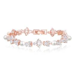 EVER FAITH Zirkonia Armband mit Creme simulierte Perle Hochzeit Schmuck für Braut Prom Party Teardrop Tennis Armkette für Damen Klar Rosegold-Ton von EVER FAITH