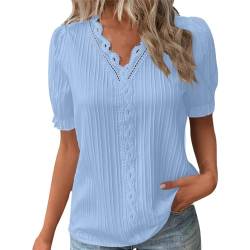 Bluse Kurzarm Damen Spitzen Oberteil V Ausschnitt Shirts Elegant Puffärmeln Damenblusen Sommer Schickes Hemd Tunika Elegant Lässig Tunika Oberteil von EWFAS