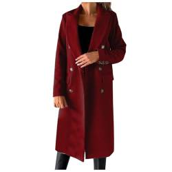 EWFAS Damen Mantel Trenchcoat,Elegant Schwarz Umlegekragen Wollmantel Zweireihiger Longsleeve Große Größen Winddichter Lang Winter Einfarbige Wintermantel Verstellbare Herbst Damenmantel von EWFAS