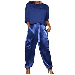 EWFAS Damen Sommeranzug Elegant Glattem Satin Kurzärmelig Hemd Oberteile + Hose mit Weitem Bein Kurvig Baggy Vintage Trainingsanzug Anzug Strandanzug Hosenanzug von EWFAS