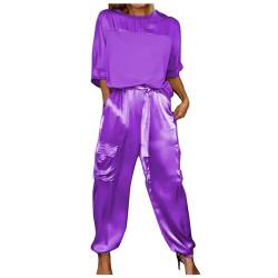 EWFAS Damen Sommeranzug Elegant Glattem Satin Kurzärmelig Hemd Oberteile + Hose mit Weitem Bein Kurvig Baggy Vintage Trainingsanzug Anzug Strandanzug Hosenanzug von EWFAS