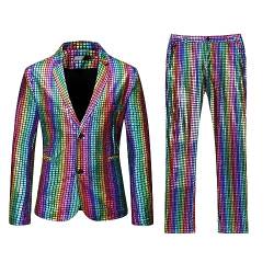 EWFAS Herren 70er Jahre Disco Outfit Regenbogen Anzug Pailletten Jacke und Hose Hochzeit Glänzender Anzug Halloween Party Kostüm 70er Jahre Disco Outfit von EWFAS