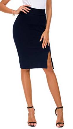 Damen Business Solide Hohe Taille Bleistiftrock Seitenschlitz Dehnbar Bodycon Midirock Knielang (L, Navy Blau) von EXCHIC