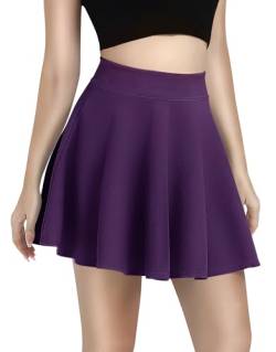 EXCHIC Damen Beiläufig Elastische Taille A Linie Mini Rock Basic Uniform Skater Faltenrock Knielänge(XS, Kurz-Dunkel Violett) von EXCHIC