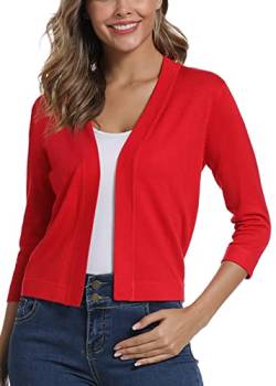 EXCHIC Damen Cropped Shrug Cardigan 3/4 Ärmel Open Front Cardigan Sweater, rot, Groß von EXCHIC