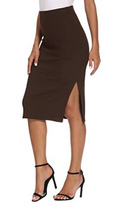 EXCHIC Damen Stricken Gestrickt Knielänge Bleistiftrock Elastische Schlauchrock Hohe Taille Basic Midi Rock Seitenschlitz(L, Kaffee) von EXCHIC