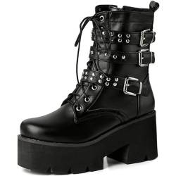 EXECAB Damen-Stiefeletten zum Schnüren, Gothic-Punk-Stil, Nieten, Knöchelriemen, Metallschnalle, Plateau, Blockabsatz, Biker-Stiefeletten,Schwarz,40 EU von EXECAB