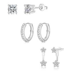 EXGOX Ohrringe Silber 925-3Paar Creolen Ohrringe Silber Set für Damen Hypoallergen Ohrstecker Silber 925 Klein Ohrringe Gold Damen Goldene Ohrringe Set Mehrere Piercings Ohrlöcher Schmuck von EXGOX