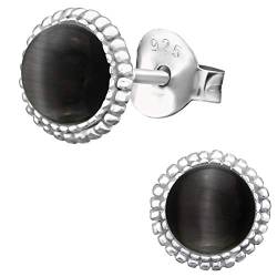 EYS JEWELRY Damen Ohrringe Silber 925 - runde Katzenaugen - 7 mm grau schwarz - Ohrstecker Stecker von EYS JEWELRY