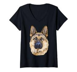 Damen Deutscher Schäferhund Portrait detailliertes Tierdesign T-Shirt mit V-Ausschnitt von EZ BLUZ