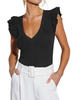 Ezbelle Damen Sommer Ärmellos Tops V Ausschnitt Rüschen Shirts Strick Gerippt Tank Top Sexy Bluse 2024, Ablack, Klein von EZBELLE