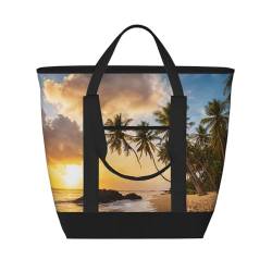 EZDLOWVBA Isolierte Kühltasche mit Sonnenuntergang, Hawaii-Palmen-Druck, großes Fassungsvermögen, Einkaufstasche, Reisetasche, Strand, wiederverwendbare Einkaufstasche für Erwachsene von EZDLOWVBA