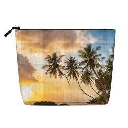 EZDLOWVBA Make-up-Tasche aus künstlichem Hanf, Motiv: Sonnenuntergang, Hawaii-Palmen-Druck, für Reisen und tägliche Aufbewahrung, wiederverwendbare Kosmetiktasche, Reißverschlusstasche, von EZDLOWVBA