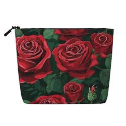 EZDLOWVBA Make-up-Tasche aus künstlichem Hanf mit rotem Rosen-Druck, für Reisen und tägliche Aufbewahrung, wiederverwendbare Kosmetiktasche, Reißverschluss-Tasche, Make-up-Werkzeug, Schwarz , von EZDLOWVBA