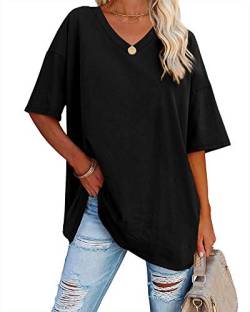 Ebifin Damen Oversize T Shirt mit V-Ausschnitt Kurzärmeliges Casual Lockere Basic Sommer Tee Shirts Bluse.Schwarz.S von Ebifin