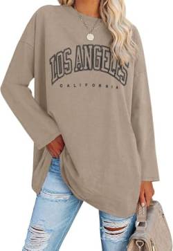 Ebifin Oversize Langarmshirt Damen Longshirt Rundhalsausschnitt Los Angeles Oberteil Langarm T Shirts Pullover Basic Tunika Tee Tops.Khaki.M von Ebifin