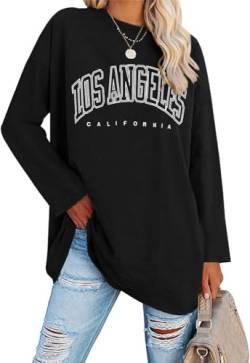 Ebifin Oversize Langarmshirt Damen Longshirt Rundhalsausschnitt Los Angeles Oberteil Langarm T Shirts Pullover Basic Tunika Tee Tops.Schwarz.S von Ebifin