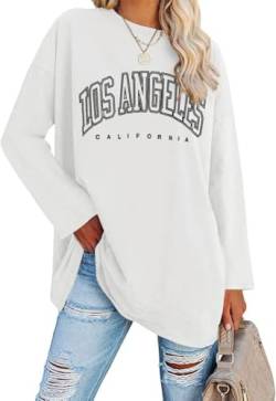 Ebifin Oversize Langarmshirt Damen Longshirt Rundhalsausschnitt Los Angeles Oberteil Langarm T Shirts Pullover Basic Tunika Tee Tops.Weiß.M von Ebifin