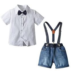 Echinodon Baby Bekleidungsset Baumwolle Kurzarm Hemd mit Fliege + Jeansshorts mit Hosenträger Kinder Jungen Sommer Babyanzug Weiß 90 von Echinodon