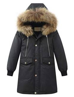 Echinodon Jungen Daunenjacke Lang Kinder Winter Jacke mit Fellkapuze Winterjacke Kapuzenjacke Parka Schwarz 140 von Echinodon