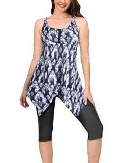 Ecupper Damen Tankini Set Badekleid Blumen Muster Badeanzug mit Shorts Swimsuit Übergröße Schwarz M von Ecupper