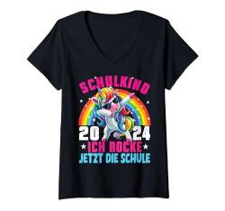 Damen Schulkind 2024 Dabbing Unicorn Ich Rocke Jetzt Die Schule T-Shirt mit V-Ausschnitt von Einhorn Einschulung Mädchen Kita Erstklässler