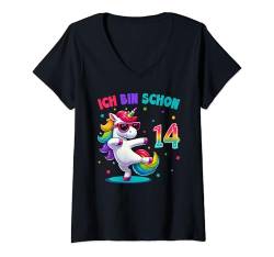 Damen 14 Geburtstag Junge Mädchen 14 Jahre Alt Einhorn Geschenke T-Shirt mit V-Ausschnitt von Einhorn Geschenke Zum Geburtstag