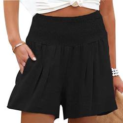 Ejoyous Damen Sommer Shorts Casual Kurze Hosen Tunnelzug Elastische Stoffhose Hotpants Baumwolle Leinen Strand Shorts mit Taschen Sommer Kurze Hose(3XL-Schwarz) von Ejoyous