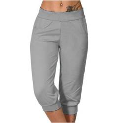 Ekiregaii Cropped-Hose für Damen, Sommer, Loungehose, weich, elastische Taille, Workout-Hose, schmale Passform, athletische Fitness, Yoga, Sweatpants mit Tasche, einfarbig, Caprihose, 004 & Grau, 44 von Ekiregaii