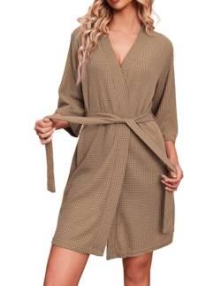 Ekouaer Bademäntel für Damen Waffelstrick Morgenmantel Lässig Robe Hochzeit weich leicht knielang Loungewear Khaki L von Ekouaer