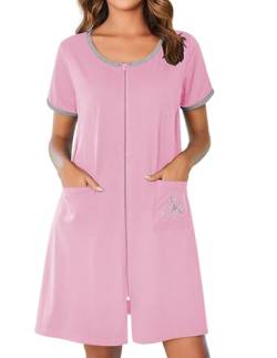 Ekouaer Bademäntel mit Reißverschluss für Damen, kurze Ärmel, Reißverschluss, Hausmantel, kurzer Bademantel, leichtes Nachthemd mit Taschen, S-3XL, Pink, XX-Large von Ekouaer