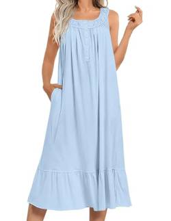 Ekouaer Damen Nachthemd Sommer Nachtwäsche Lose Negligee Lang Nachtkleid Comfortable Ärmellos Nachtkleid Freizeitkleid Sleepwear mit Tasche Hellblau M von Ekouaer