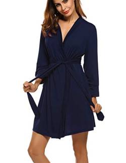 Ekouaer Damen Morgenmantel Kurz aus Baumwolle Dünn 3/4 Ärmel Bademantel Kimono Saunamantel Robe Negligee Mit V-Ausschnitt Sommer Navy BlauXS von Ekouaer