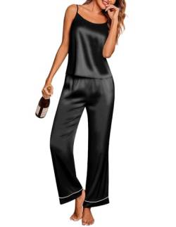 Ekouaer Pyjama Set Damen Satin Schlafanzug Ärmellose Oberteile Sommer Camisole Top und Hose, Schwarz XL von Ekouaer